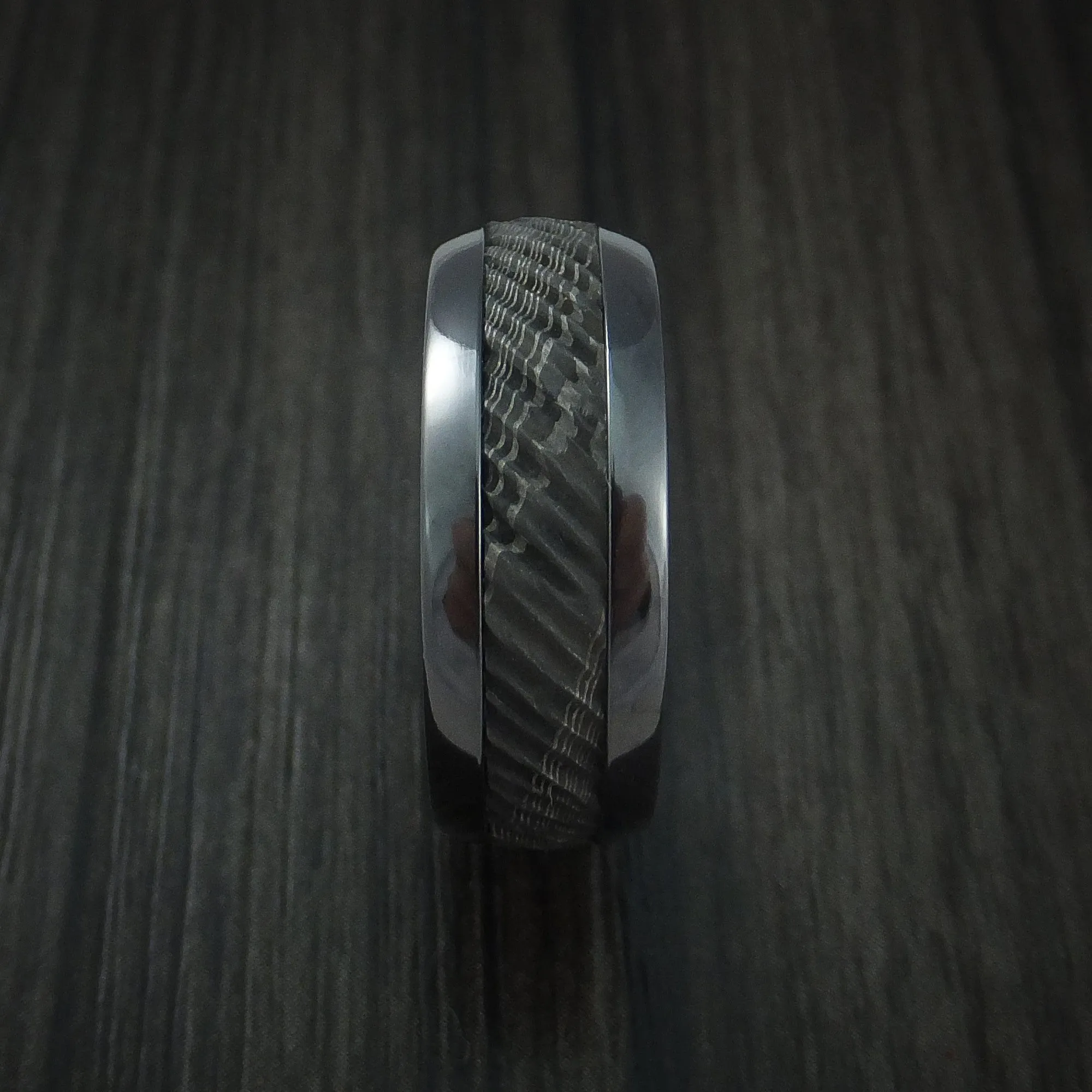 Black Zirconium and Damascus Steel Men's Ring with Tree Bark Carved Band Custom Made