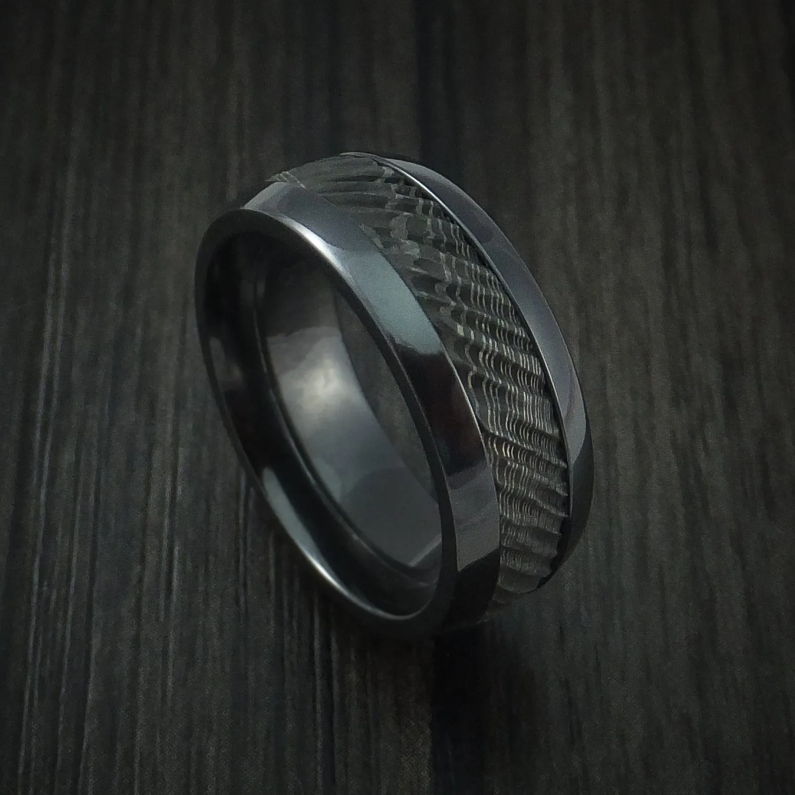 Black Zirconium and Damascus Steel Men's Ring with Tree Bark Carved Band Custom Made