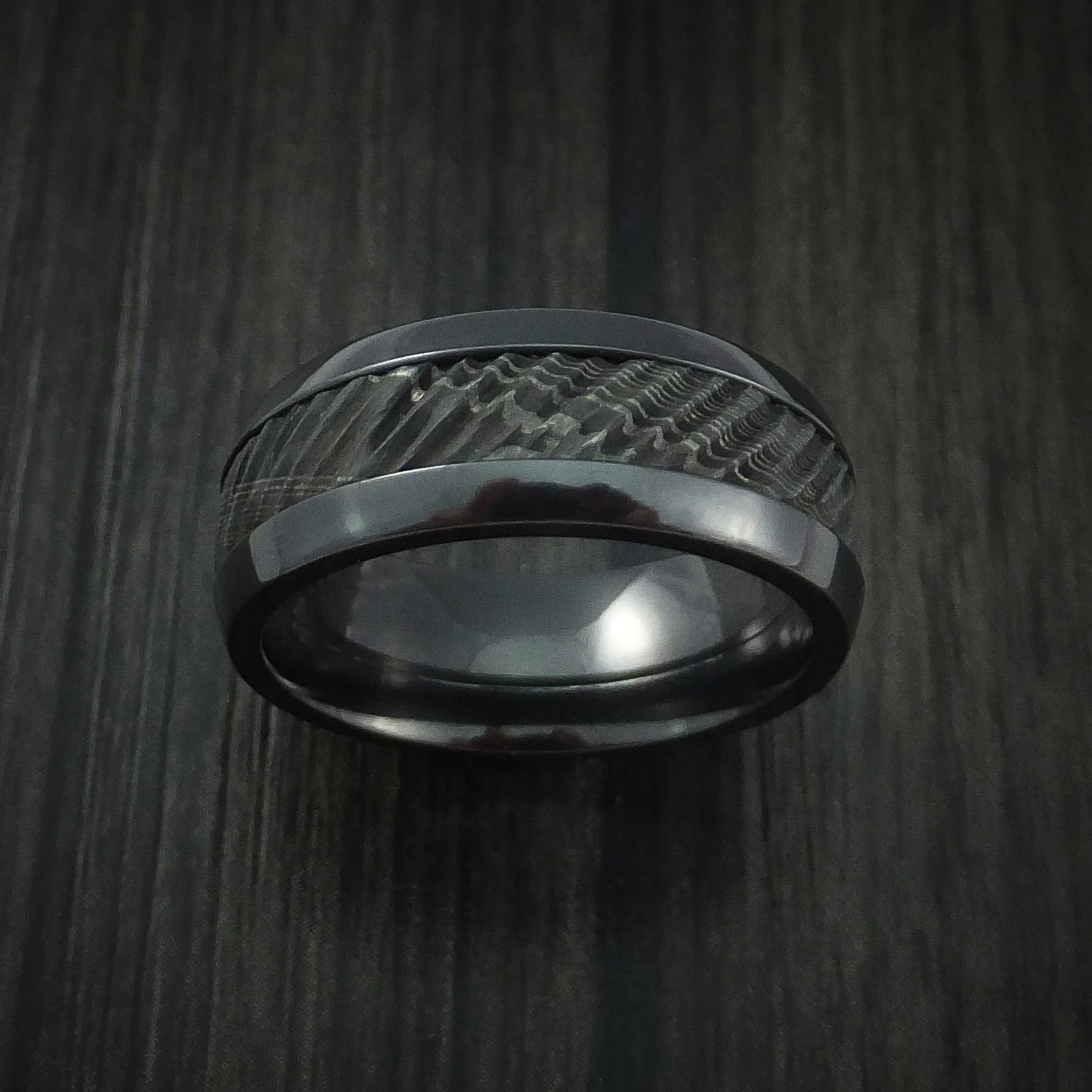Black Zirconium and Damascus Steel Men's Ring with Tree Bark Carved Band Custom Made