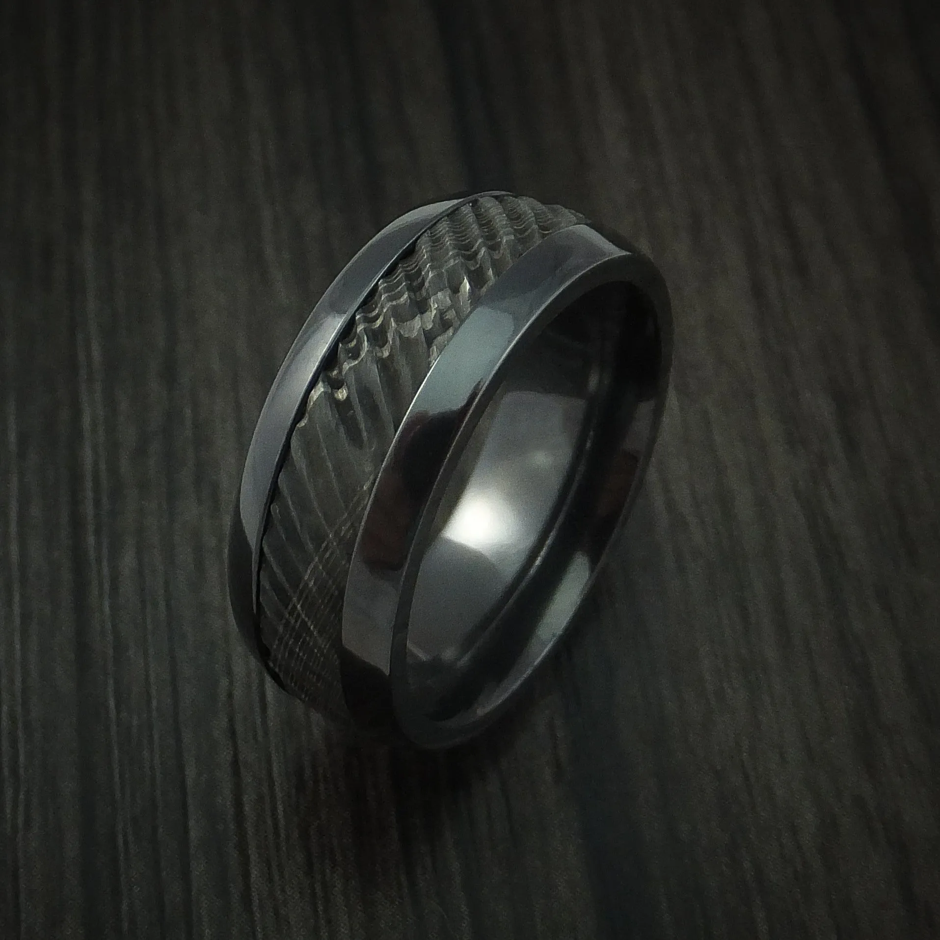 Black Zirconium and Damascus Steel Men's Ring with Tree Bark Carved Band Custom Made