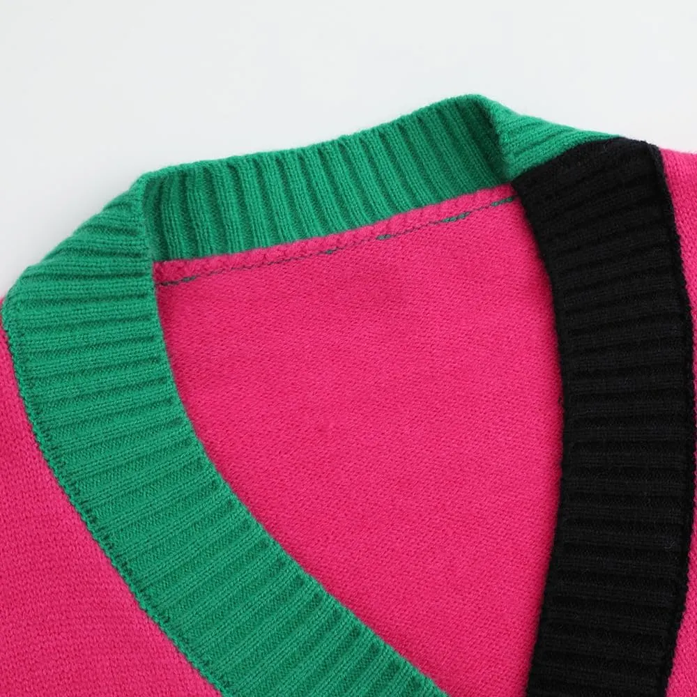 Ckikiou Fall Winter Oversized Long Sleeve Button Color Block Down Chunky Knitted Cardigan Sweater Top for Women