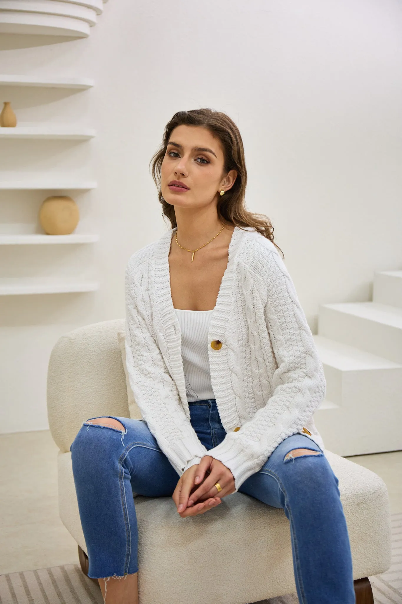 Dawn White Longline Cable Knit Cardigan