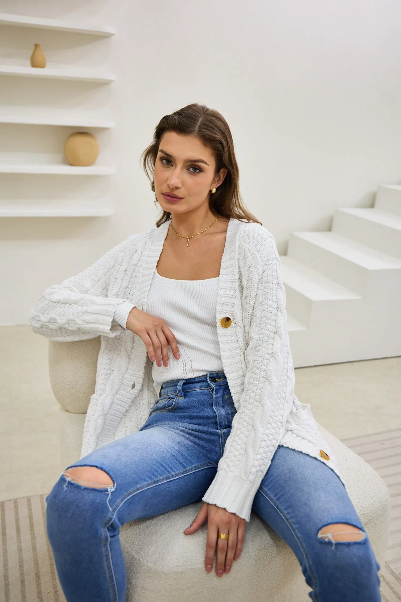 Dawn White Longline Cable Knit Cardigan
