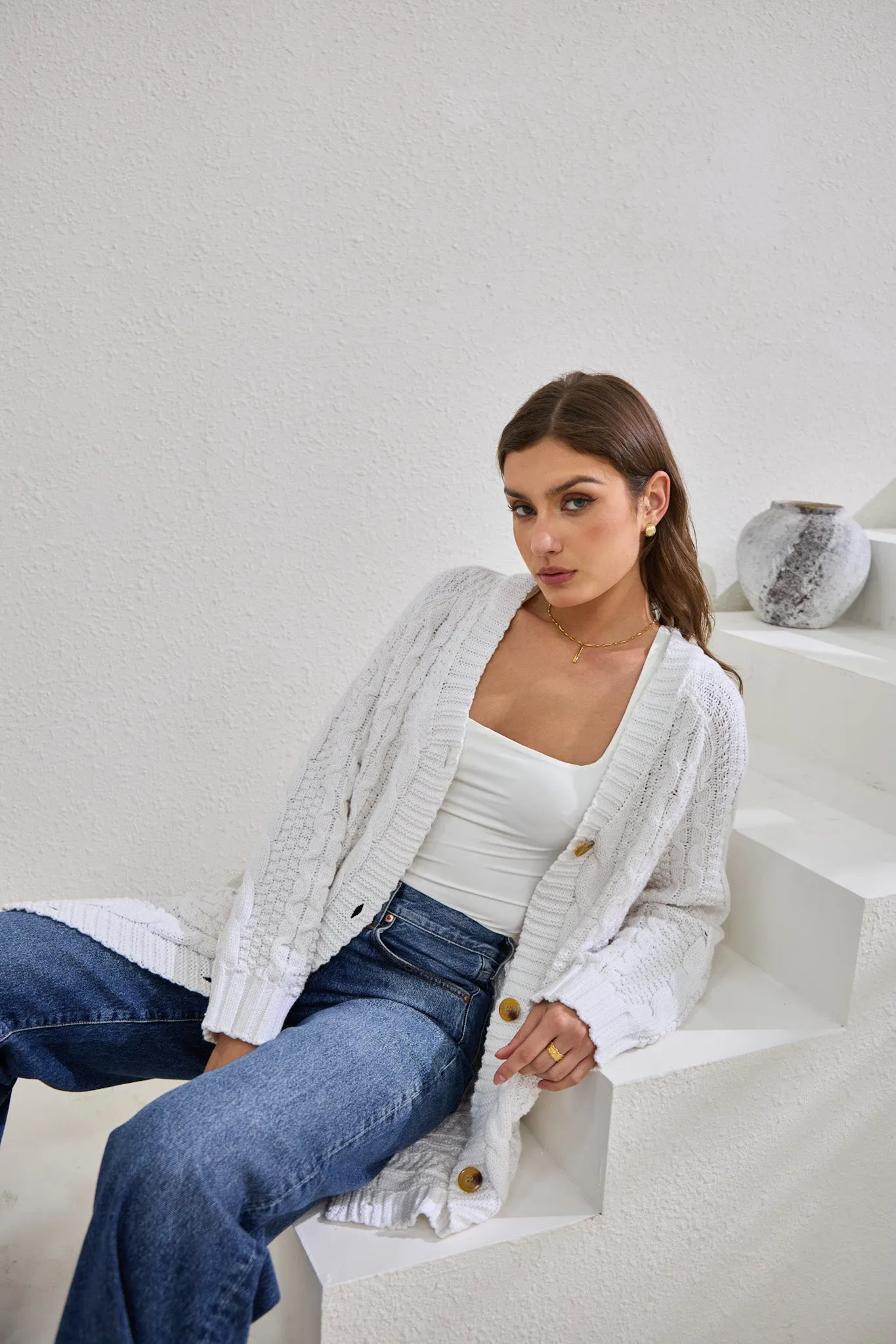 Dawn White Longline Cable Knit Cardigan
