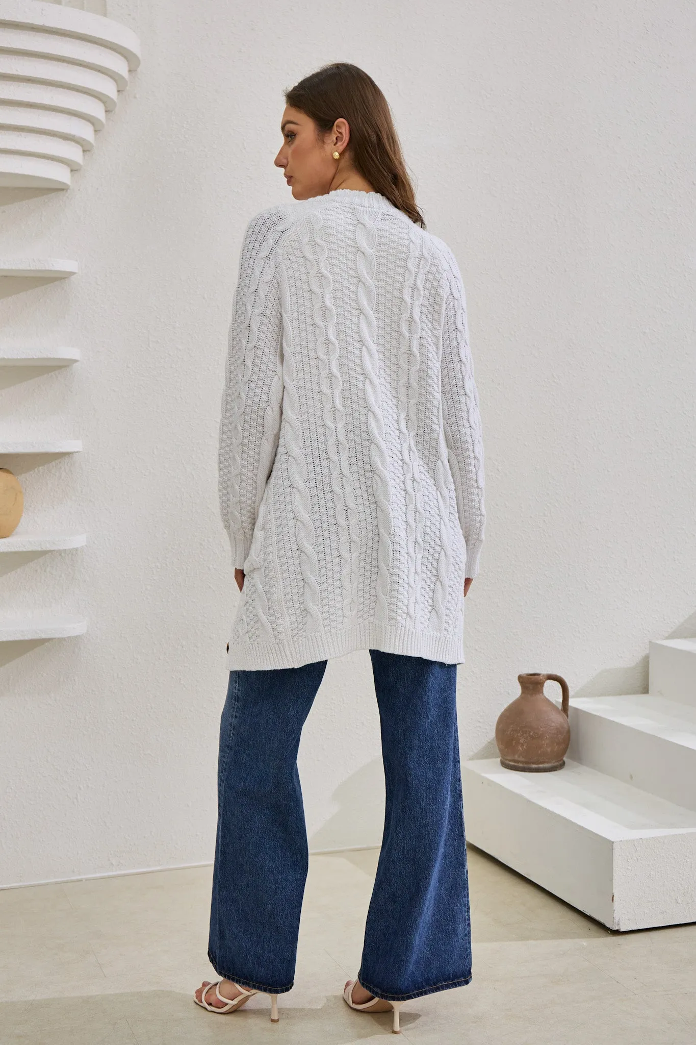 Dawn White Longline Cable Knit Cardigan