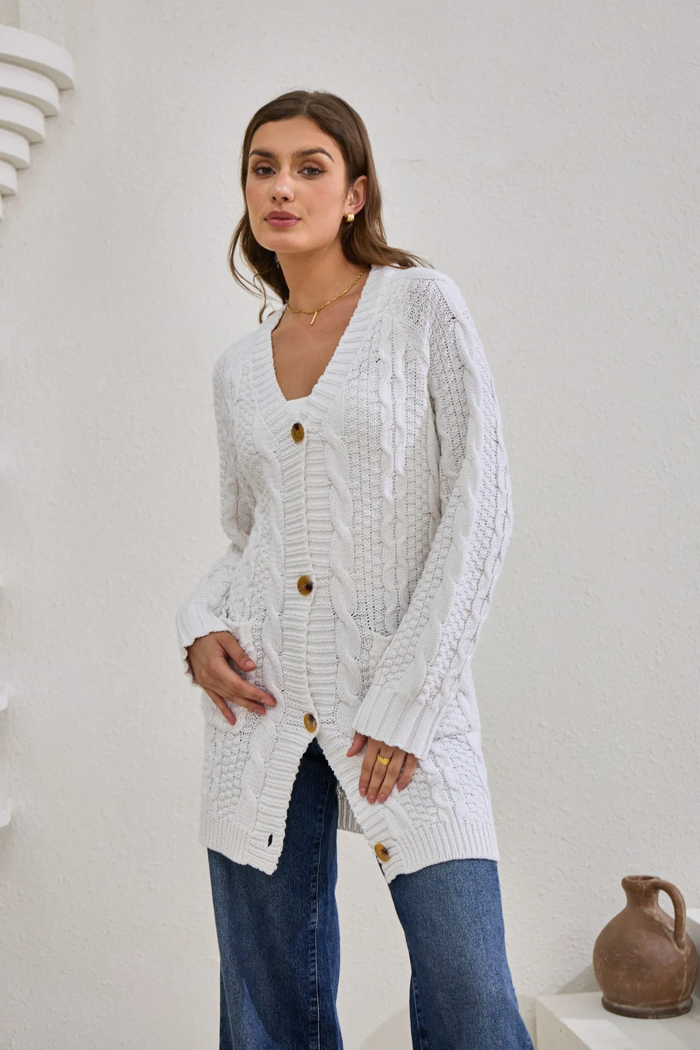 Dawn White Longline Cable Knit Cardigan