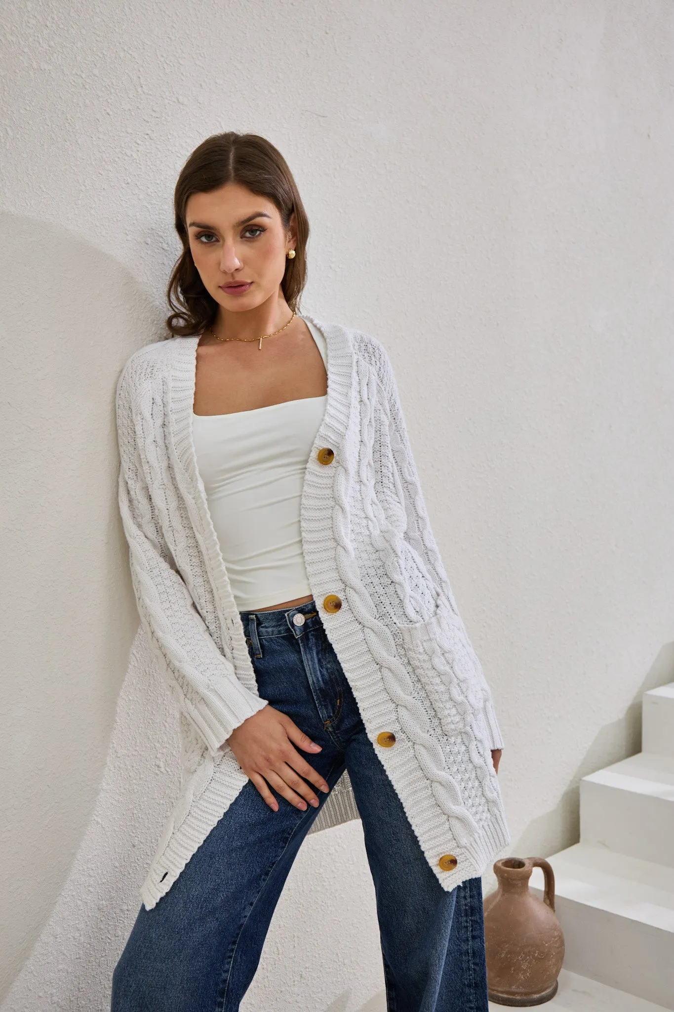 Dawn White Longline Cable Knit Cardigan