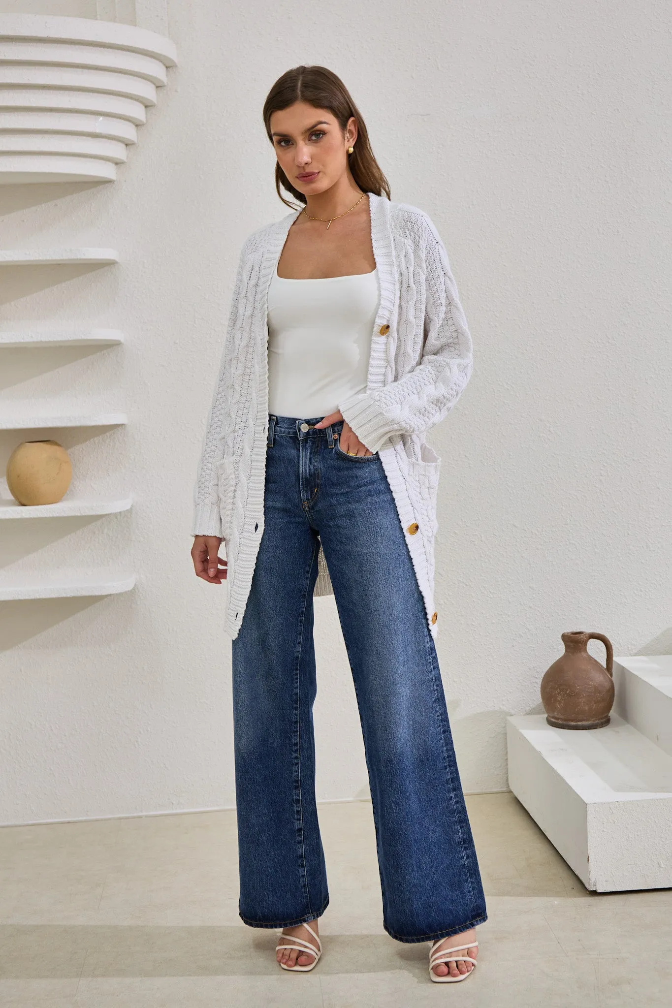Dawn White Longline Cable Knit Cardigan