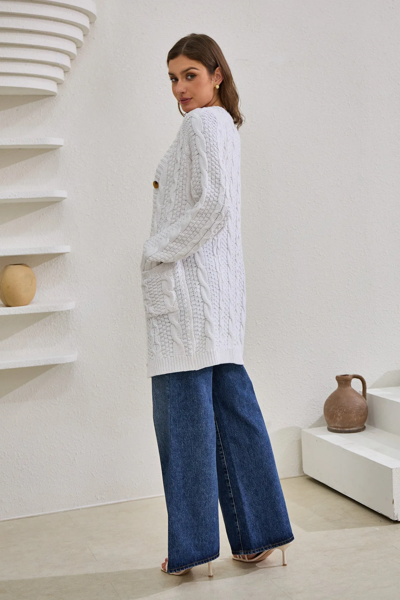Dawn White Longline Cable Knit Cardigan