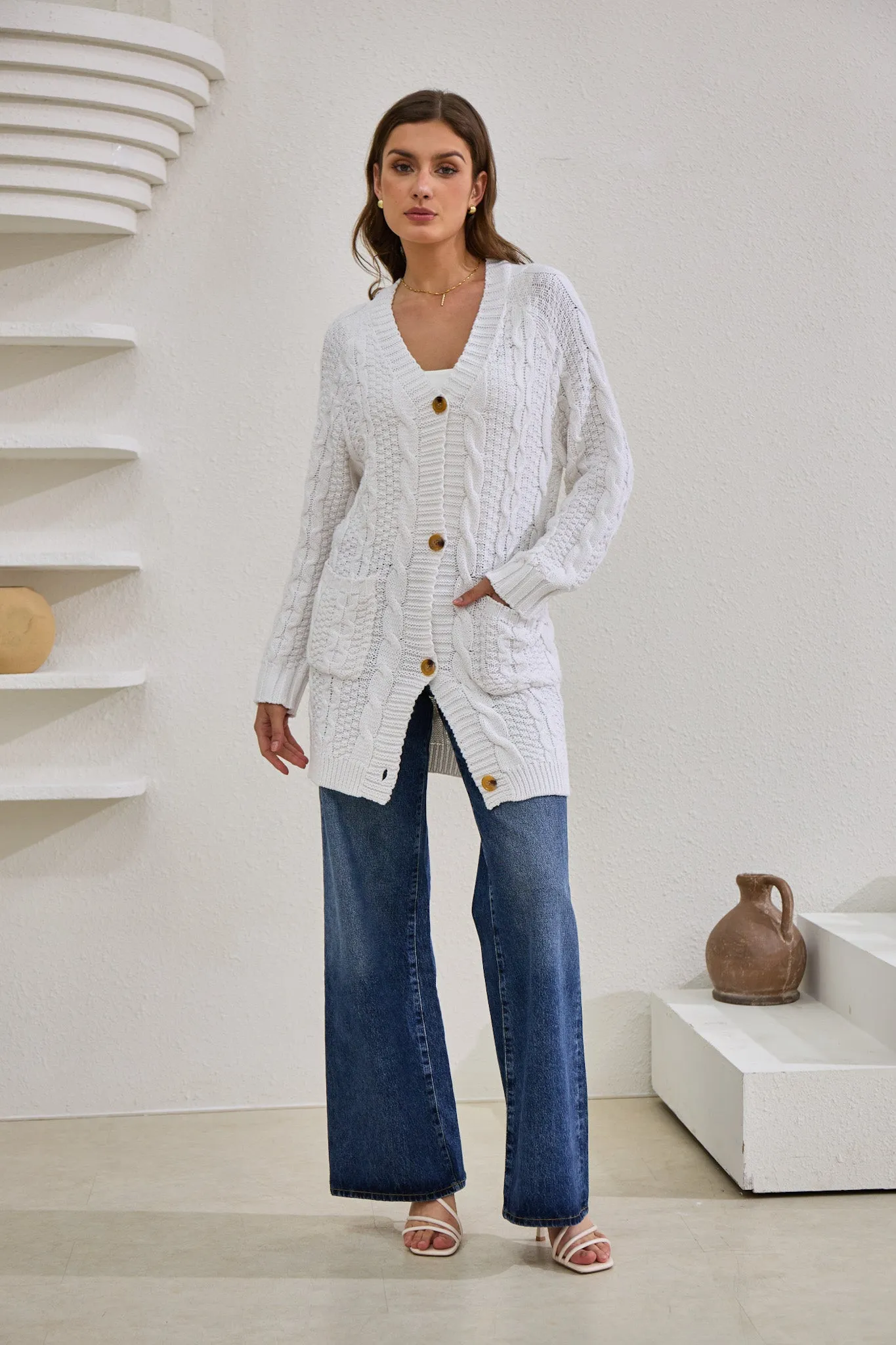 Dawn White Longline Cable Knit Cardigan