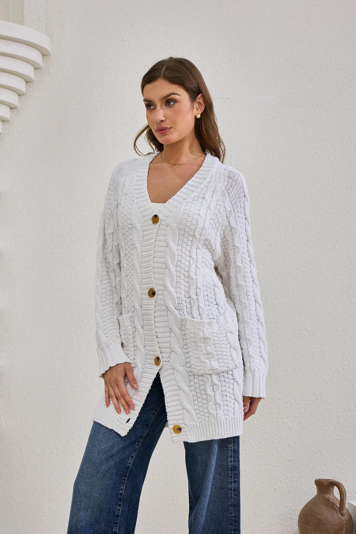 Dawn White Longline Cable Knit Cardigan