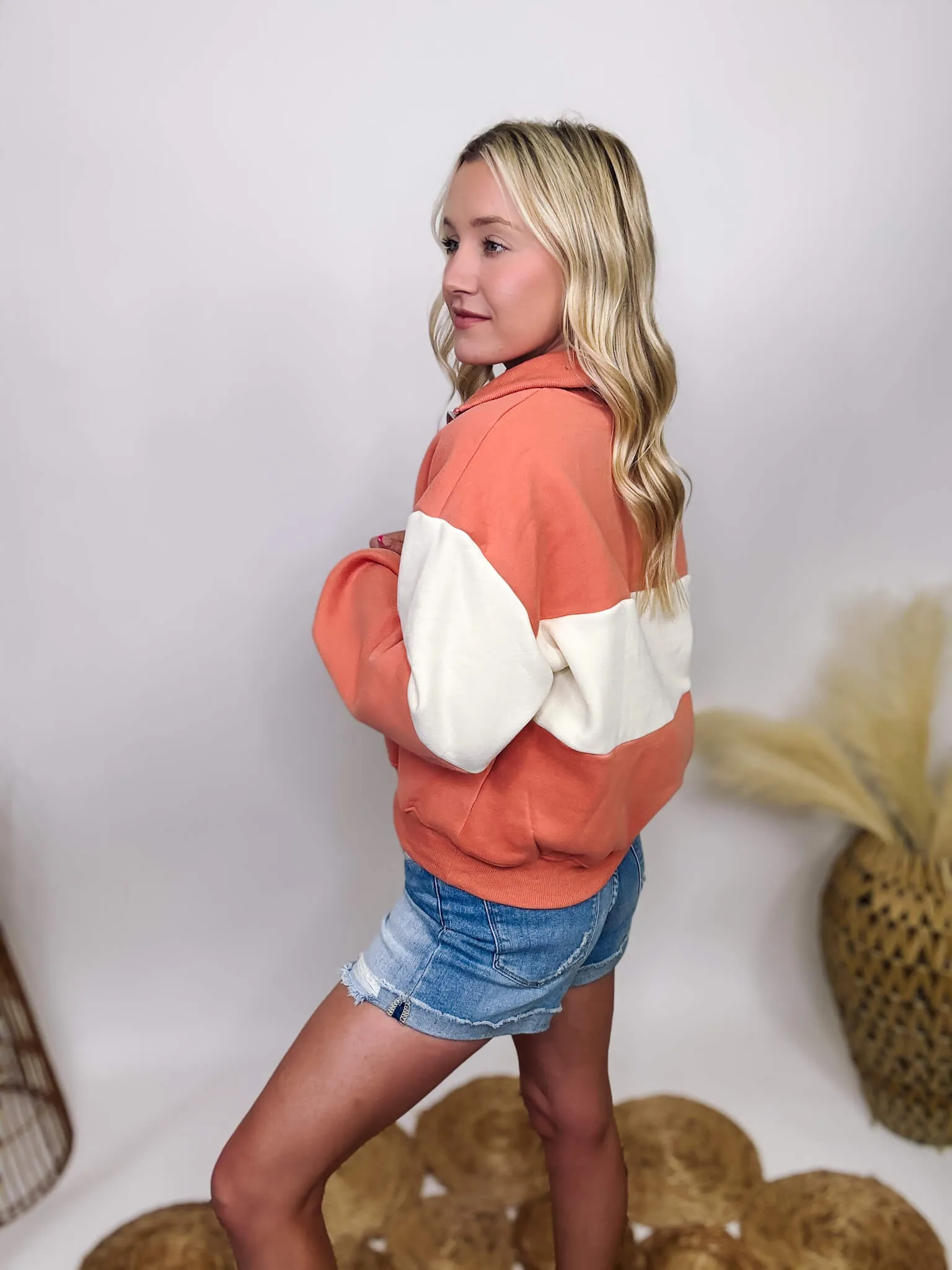 DOORBUSTER - Malibu Coral and Ivory Half Zip Collared Pullover