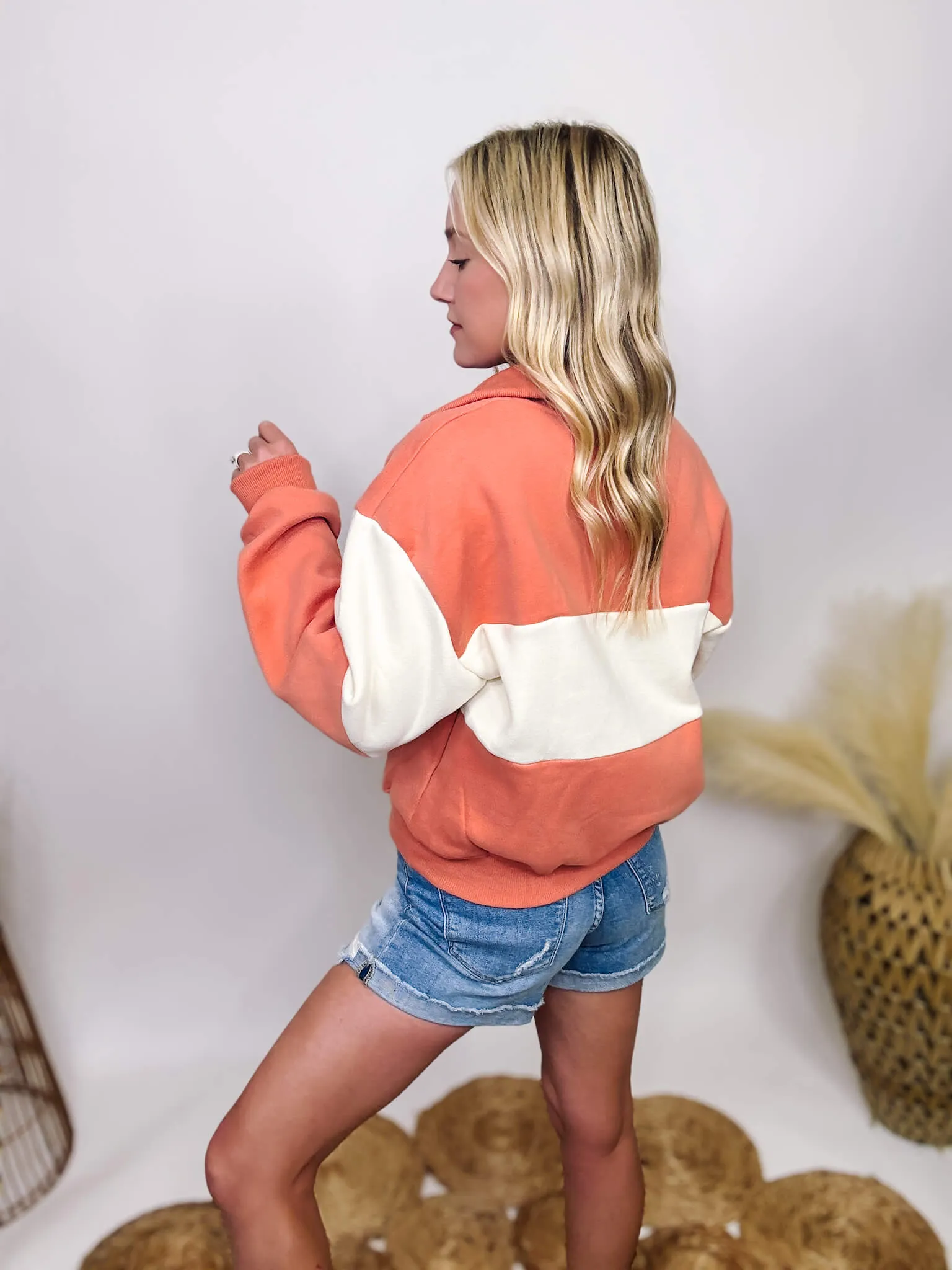 DOORBUSTER - Malibu Coral and Ivory Half Zip Collared Pullover