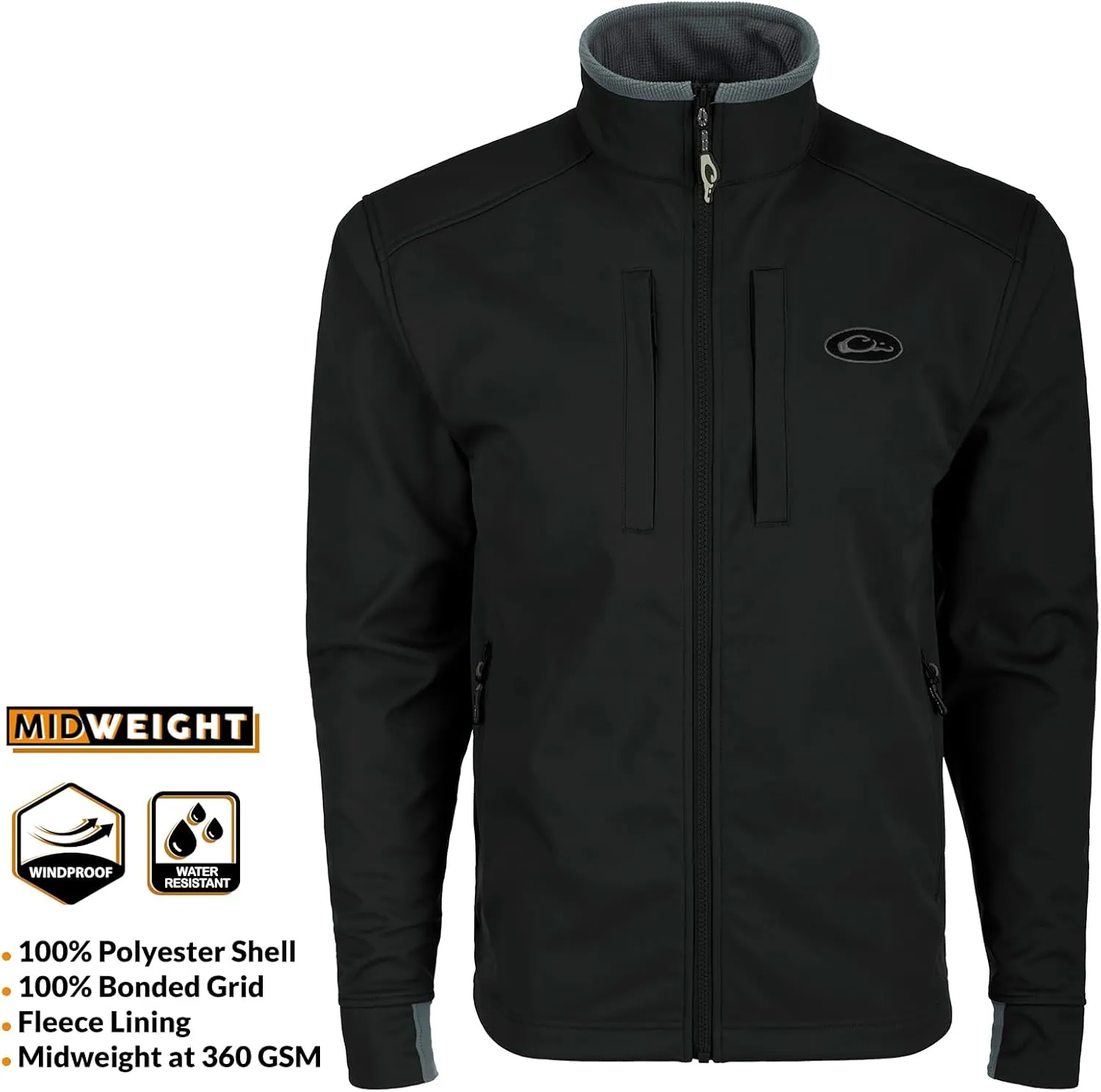 Drake Waterfowl Men's Windproof Mid-Weight Water-Resistant Fleece-Lined Adjustable Stretchy Outdoor Hiking Softshell Jacket