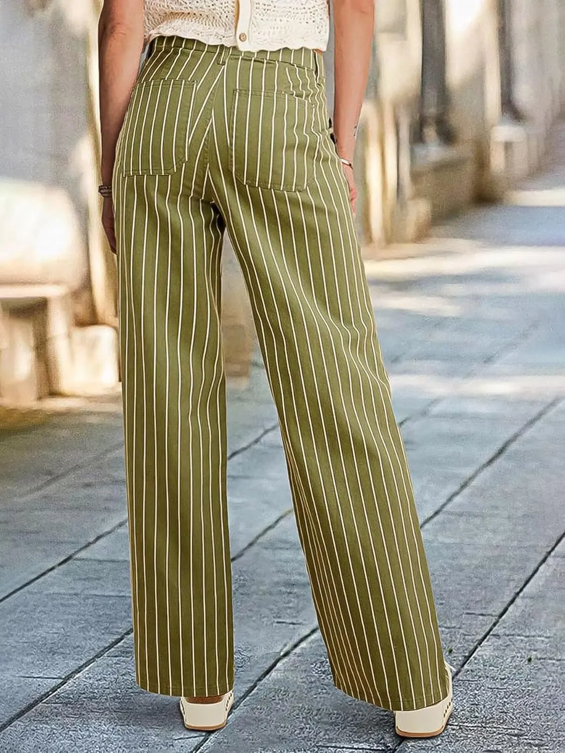 Flamingals Straight Leg Low Waist Striped Casual Pants Stretchable Trousers for Women