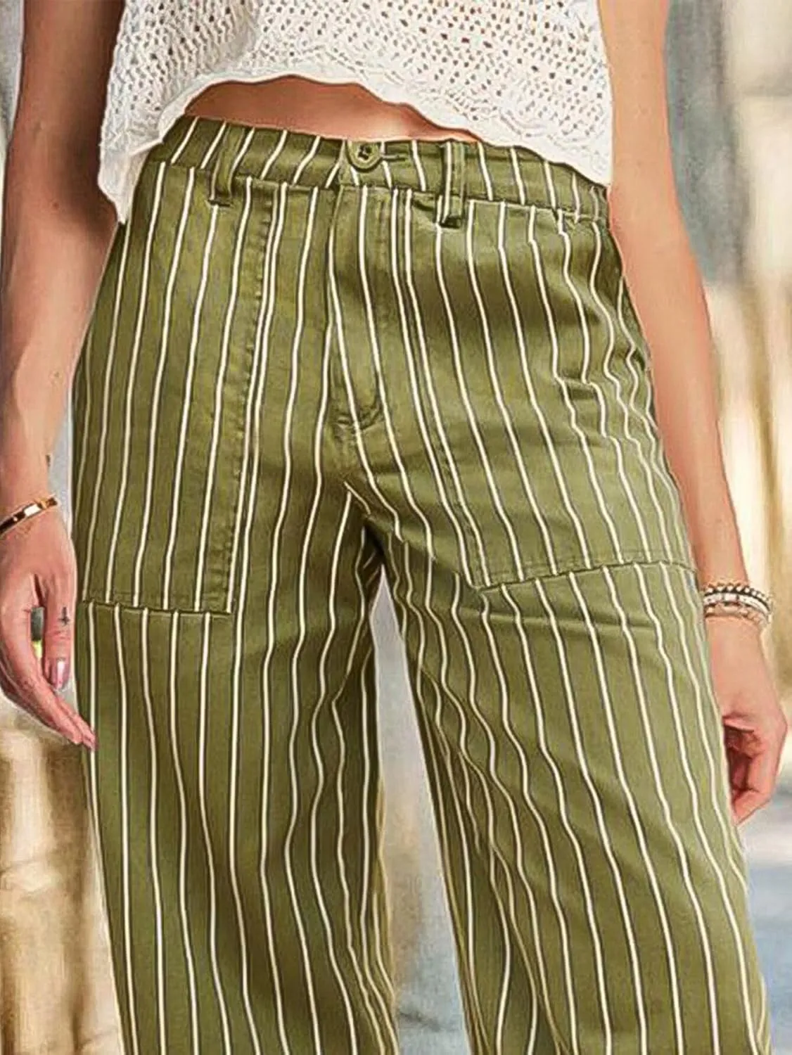 Flamingals Straight Leg Low Waist Striped Casual Pants Stretchable Trousers for Women