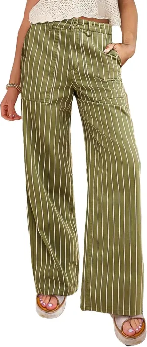 Flamingals Straight Leg Low Waist Striped Casual Pants Stretchable Trousers for Women