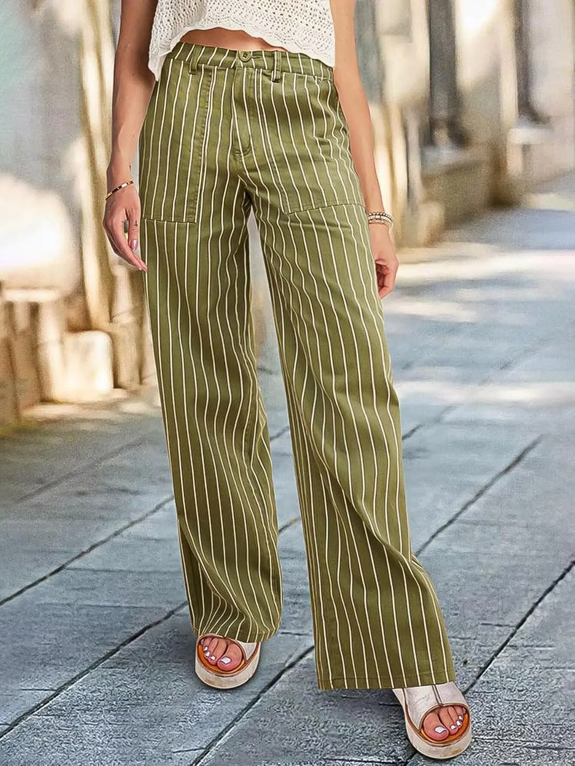 Flamingals Straight Leg Low Waist Striped Casual Pants Stretchable Trousers for Women