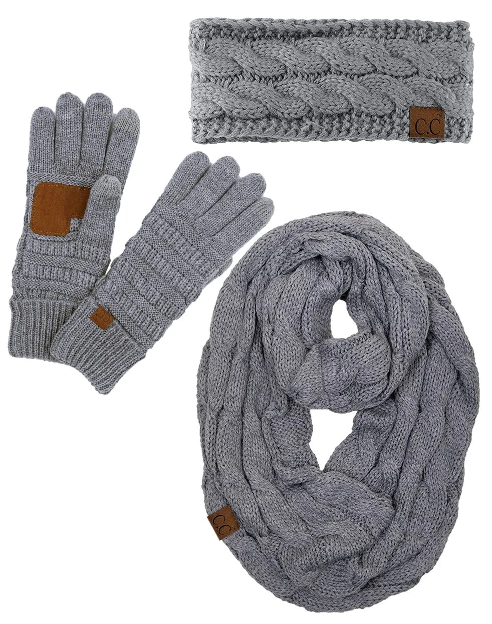 Funky Junque Cable Knit Headwrap, Glove & Scarf Bundle: Heather Grey