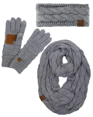 Funky Junque Cable Knit Headwrap, Glove & Scarf Bundle: Heather Grey