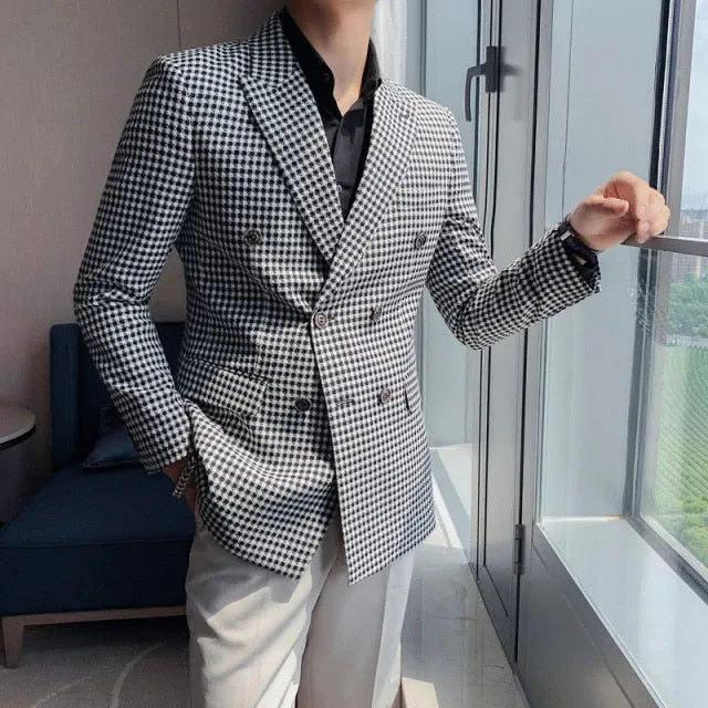Geometric Plaid Peak Lapel Style Blazer