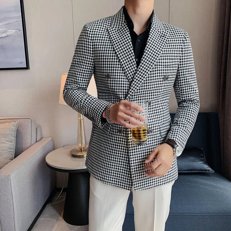 Geometric Plaid Peak Lapel Style Blazer