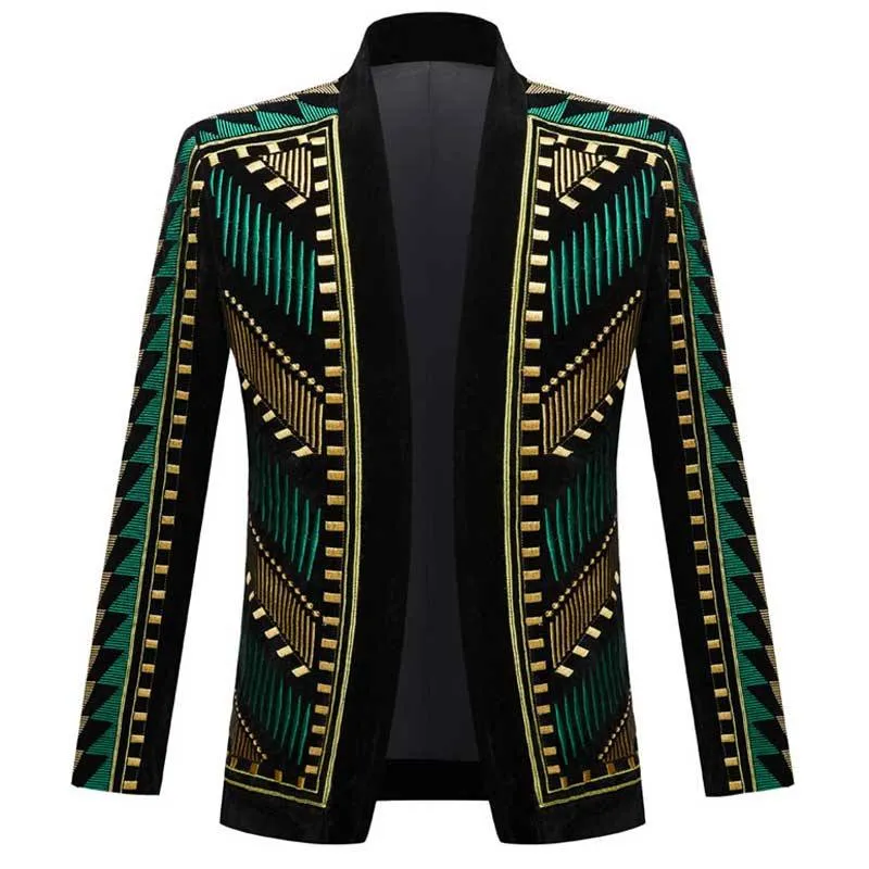 Green Gold African Style Embroidery Blazer