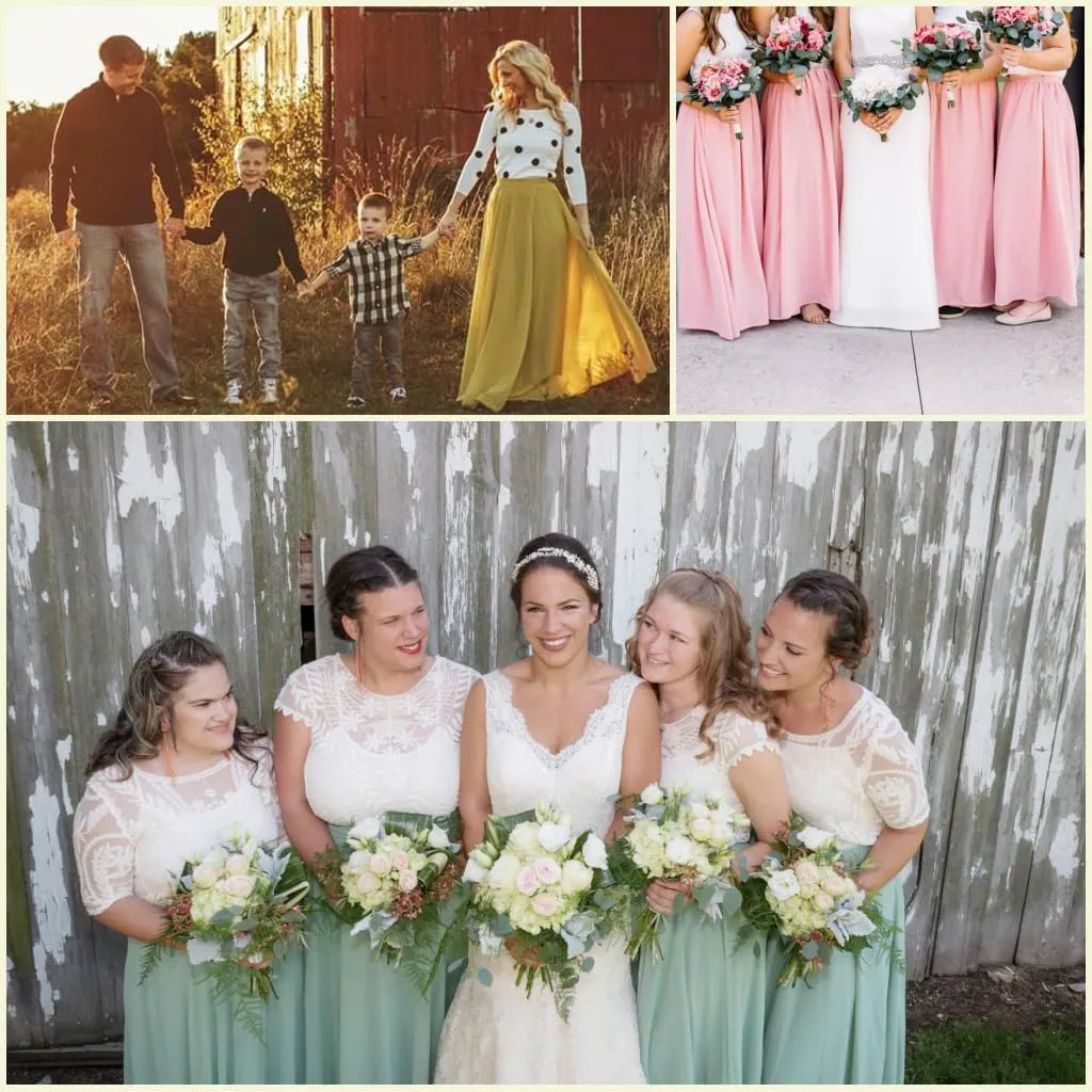 Long Maxi Floor Lengh Chiffon Skirt Elastic High Waist Bridesmaid Skirt