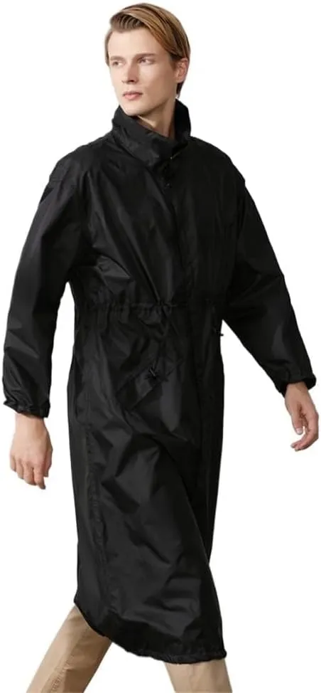 Long Thin Raincoats for Men, Waterproof Ponchos, Windproof Hooded Jacket, Rain Coat, Drawcord, Waist Drawcord