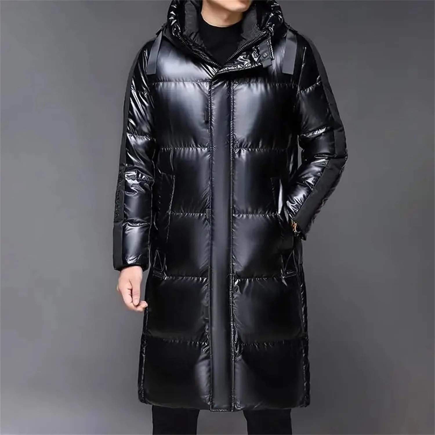 Men's Mid Length Warm Down Jacket Winter Hooded Bright Long Puffer Coats Outwear