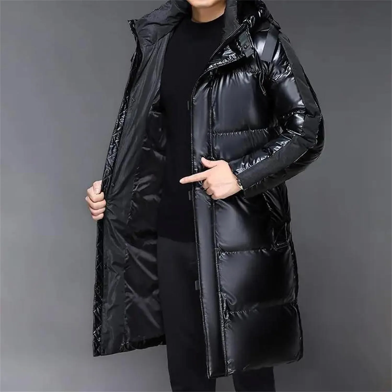 Men's Mid Length Warm Down Jacket Winter Hooded Bright Long Puffer Coats Outwear
