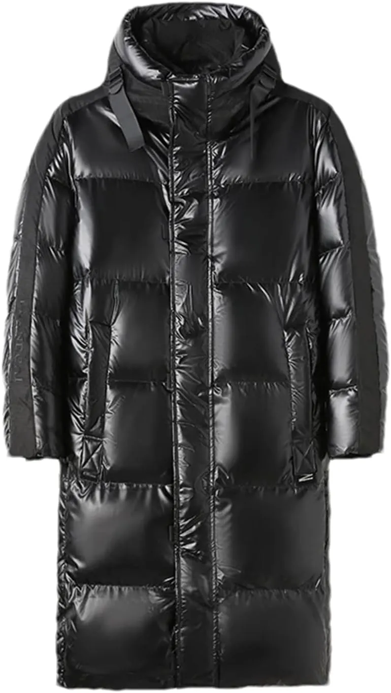 Men's Mid Length Warm Down Jacket Winter Hooded Bright Long Puffer Coats Outwear
