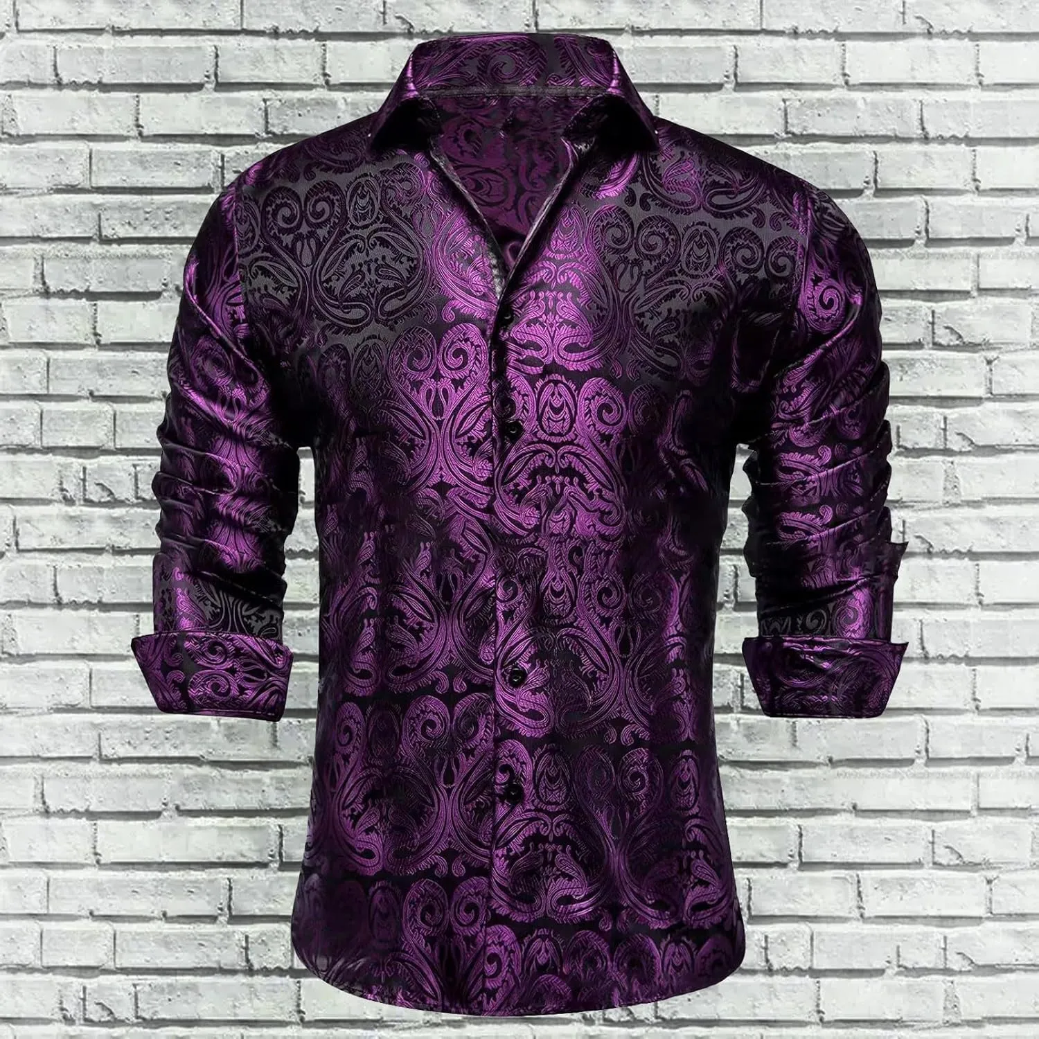 Mens Silk Look Paisley Dress Shirts Floral Long Sleeve Button Down Shirt Casual Regular Fit Tops for Men Business