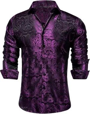 Mens Silk Look Paisley Dress Shirts Floral Long Sleeve Button Down Shirt Casual Regular Fit Tops for Men Business