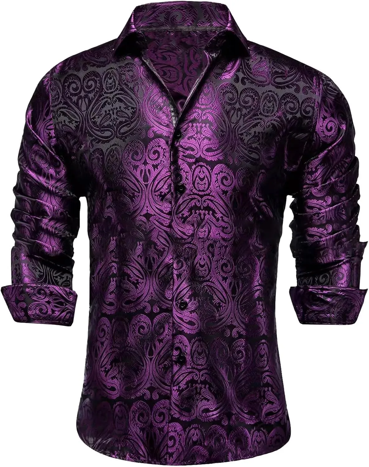 Mens Silk Look Paisley Dress Shirts Floral Long Sleeve Button Down Shirt Casual Regular Fit Tops for Men Business