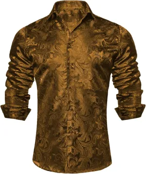 Mens Silk Look Paisley Dress Shirts Floral Long Sleeve Button Down Shirt Casual Regular Fit Tops for Men Business