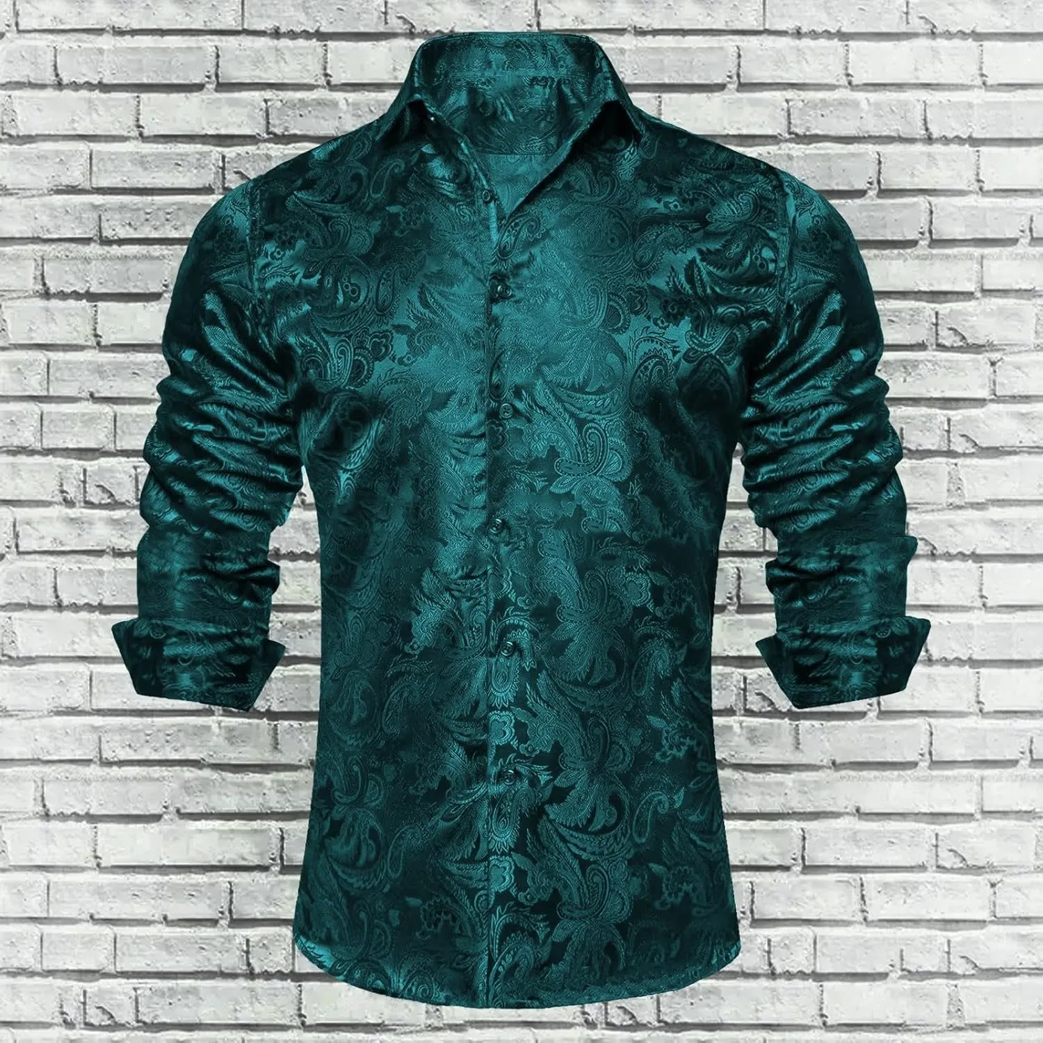 Mens Silk Look Paisley Dress Shirts Floral Long Sleeve Button Down Shirt Casual Regular Fit Tops for Men Business