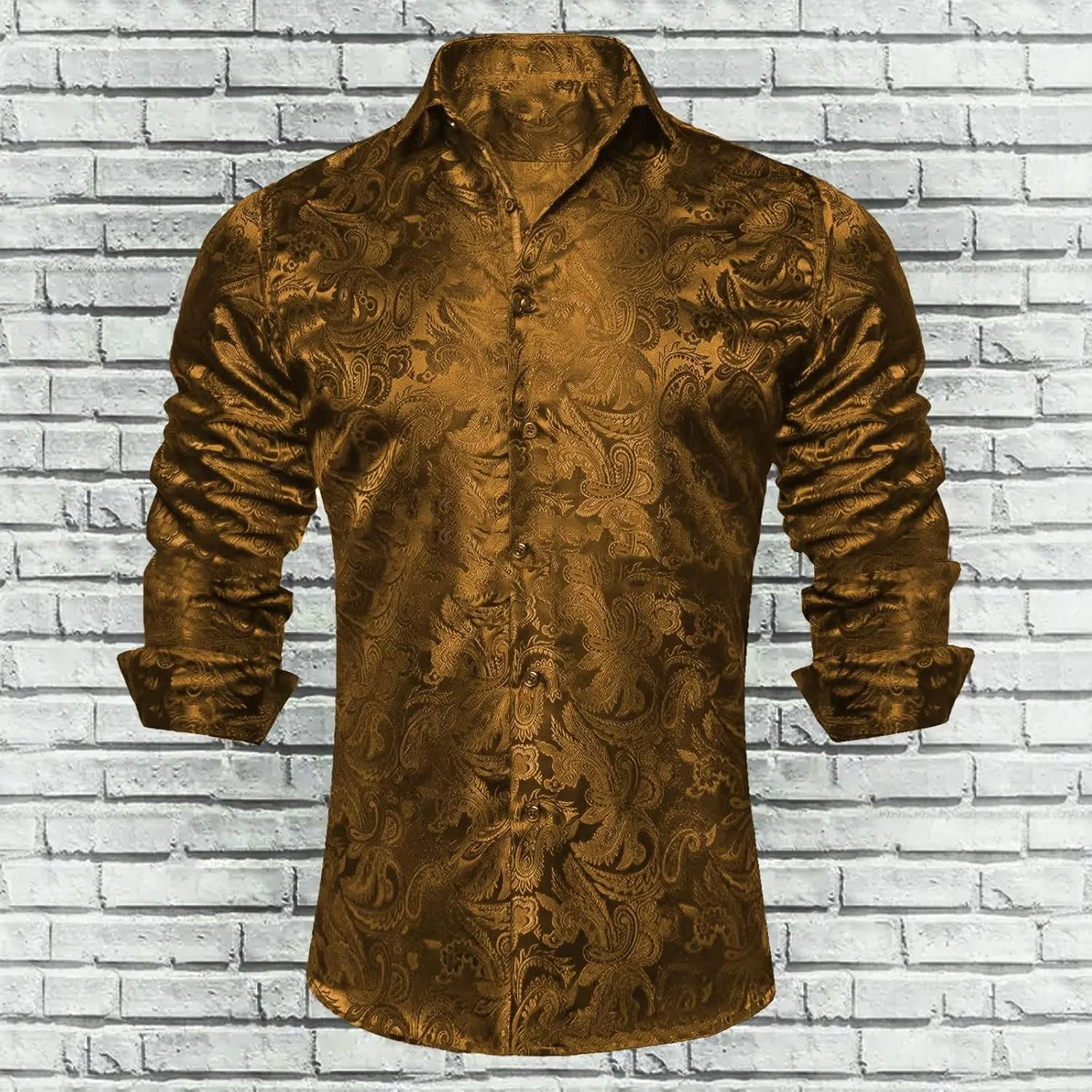 Mens Silk Look Paisley Dress Shirts Floral Long Sleeve Button Down Shirt Casual Regular Fit Tops for Men Business