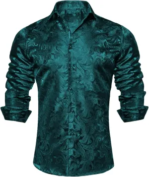 Mens Silk Look Paisley Dress Shirts Floral Long Sleeve Button Down Shirt Casual Regular Fit Tops for Men Business