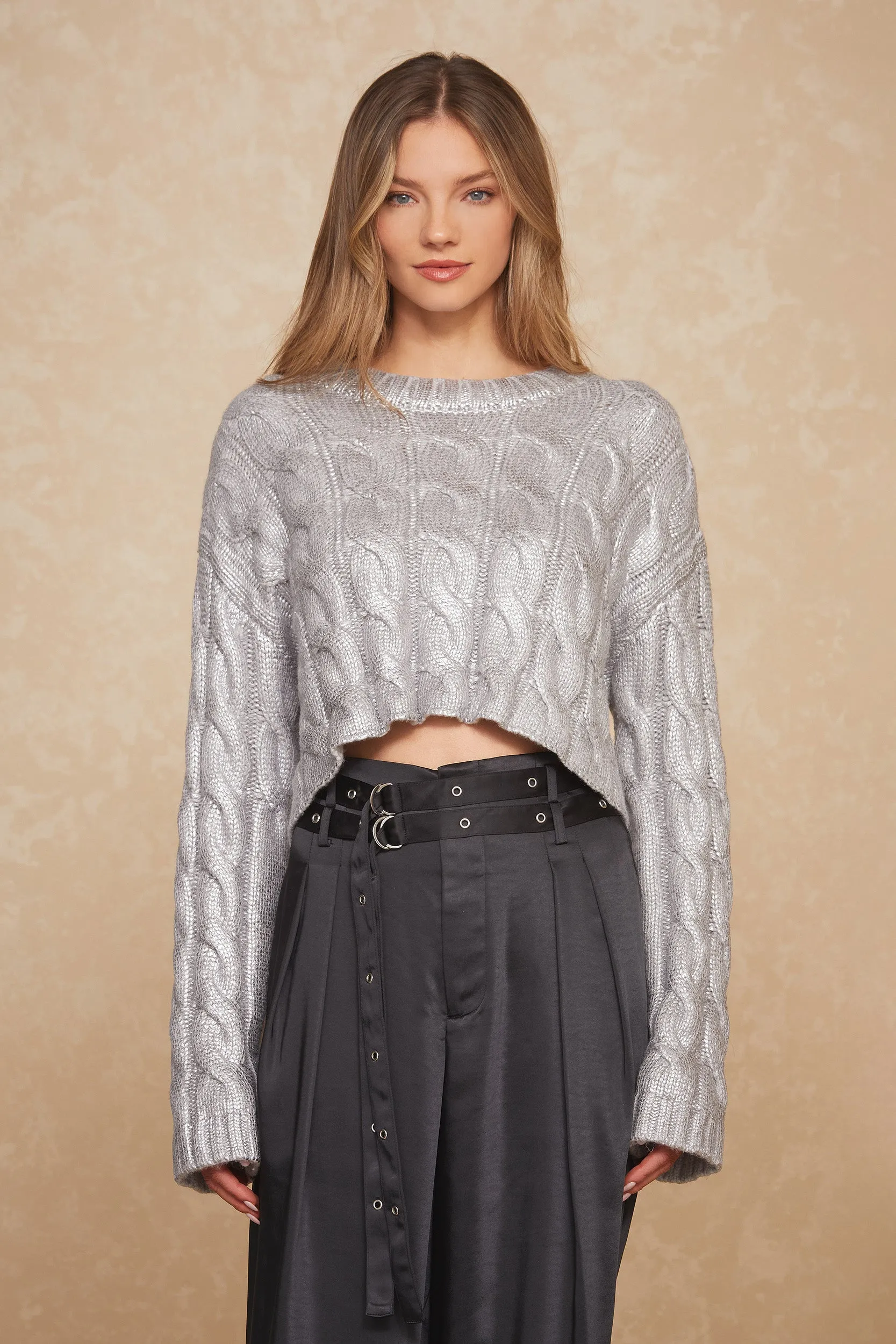 Metallic Cable Knit Sweater - Silver