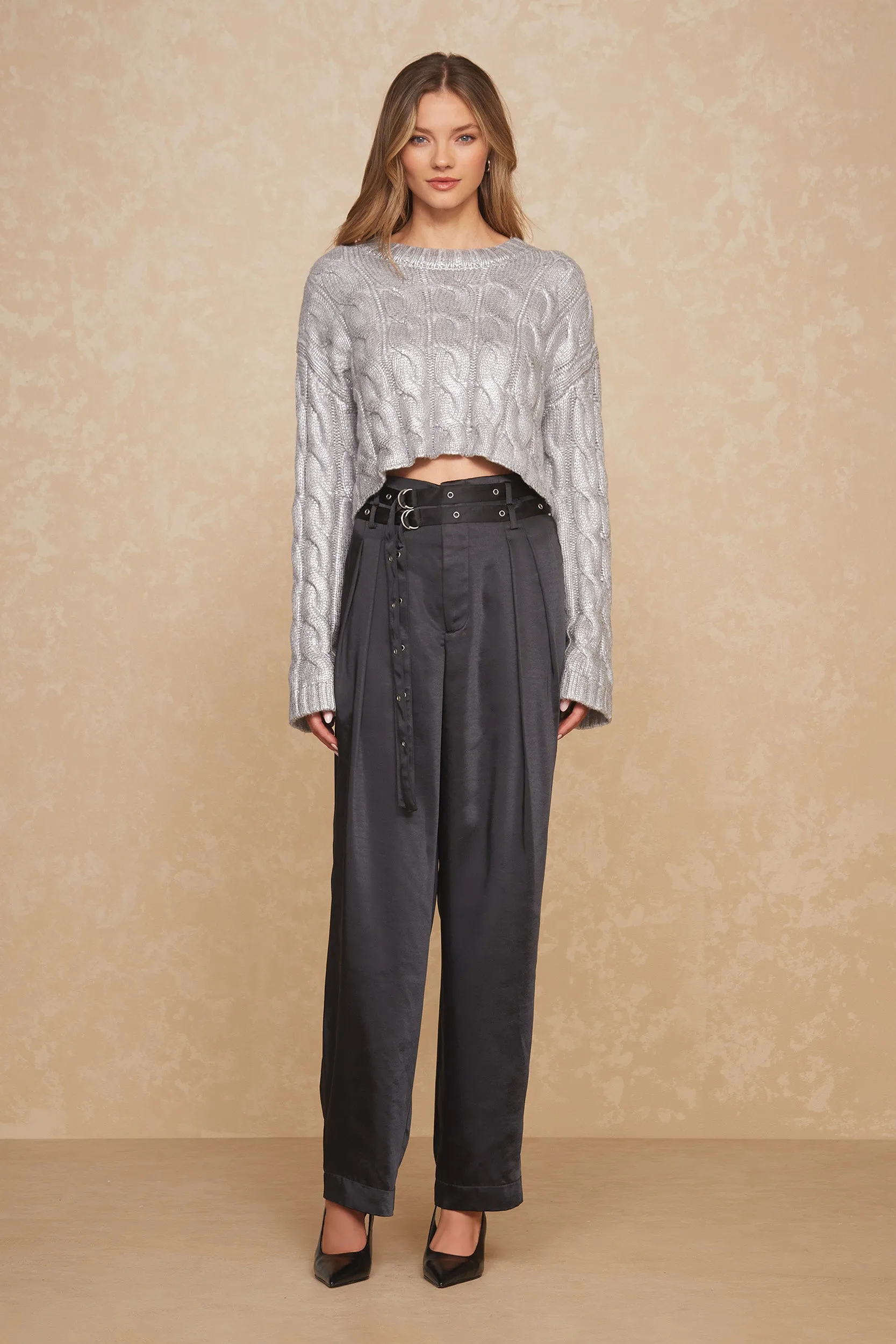 Metallic Cable Knit Sweater - Silver