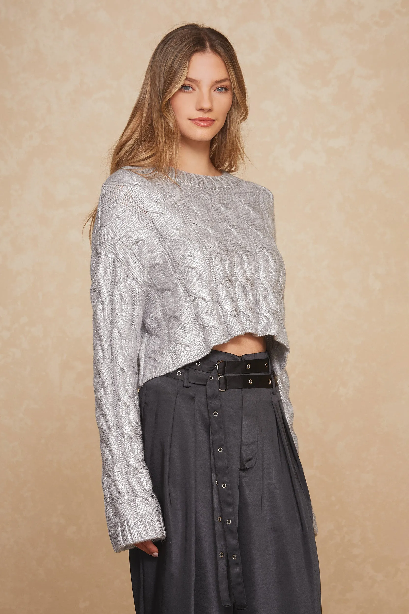 Metallic Cable Knit Sweater - Silver