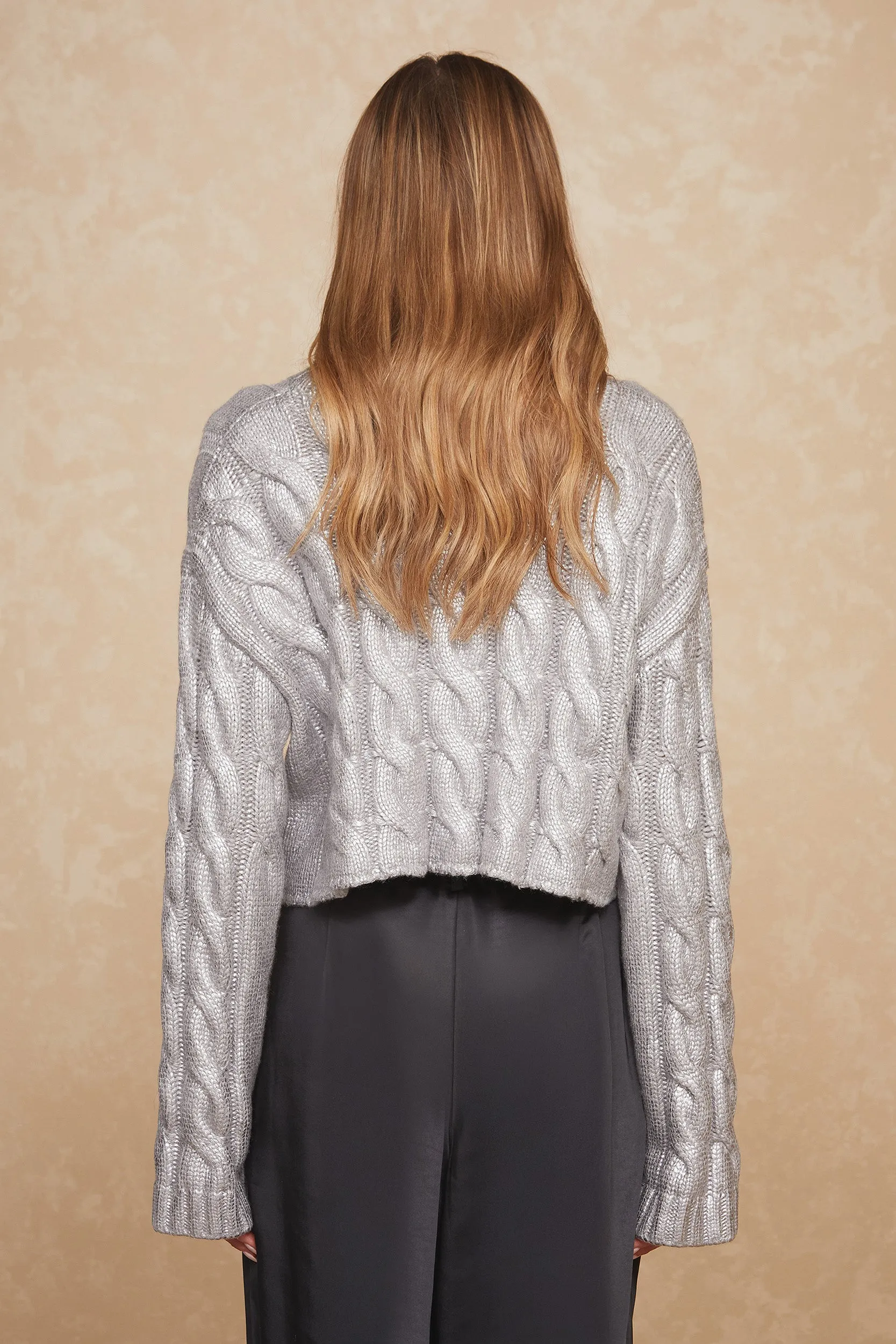 Metallic Cable Knit Sweater - Silver