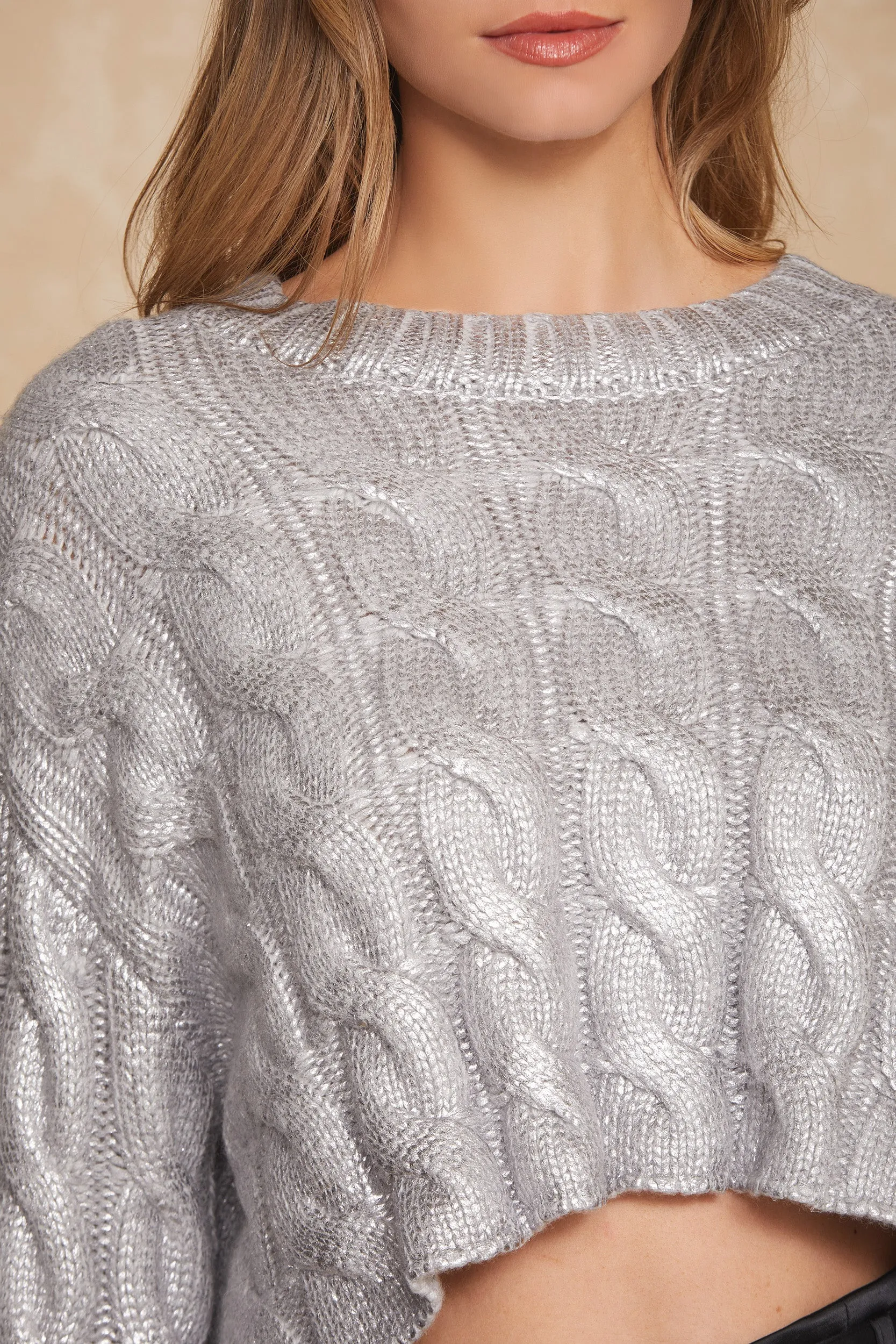 Metallic Cable Knit Sweater - Silver