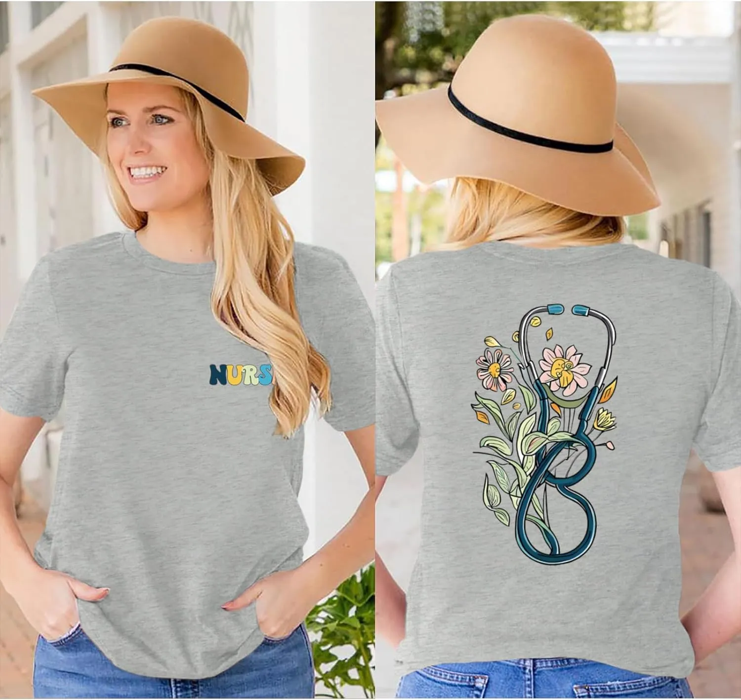 Nurse Graphic Shirts for Women Boho Floral Nurse Life T Shirt Stethoscope Oversized Graphic Tees Nurses Day Gifts