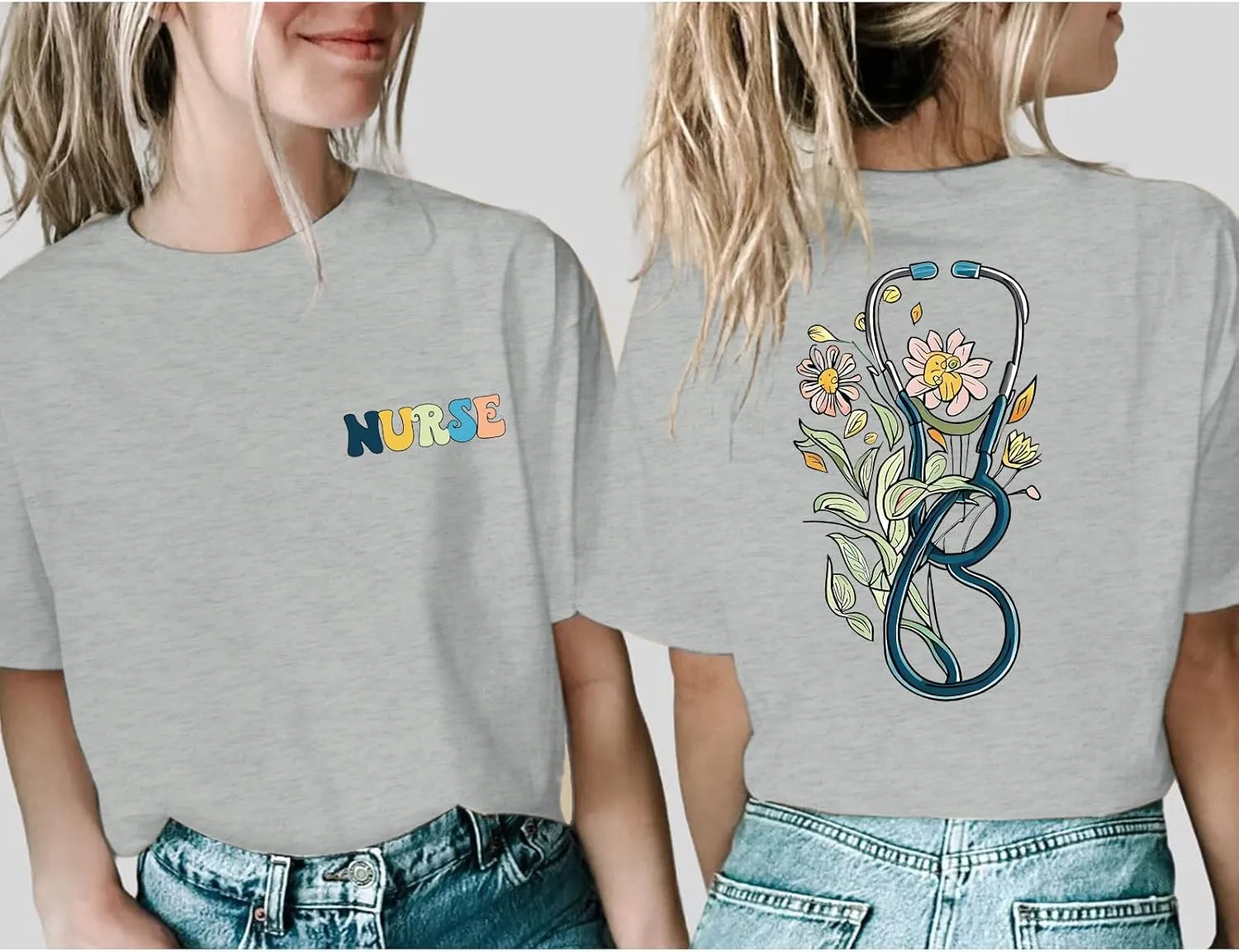 Nurse Graphic Shirts for Women Boho Floral Nurse Life T Shirt Stethoscope Oversized Graphic Tees Nurses Day Gifts