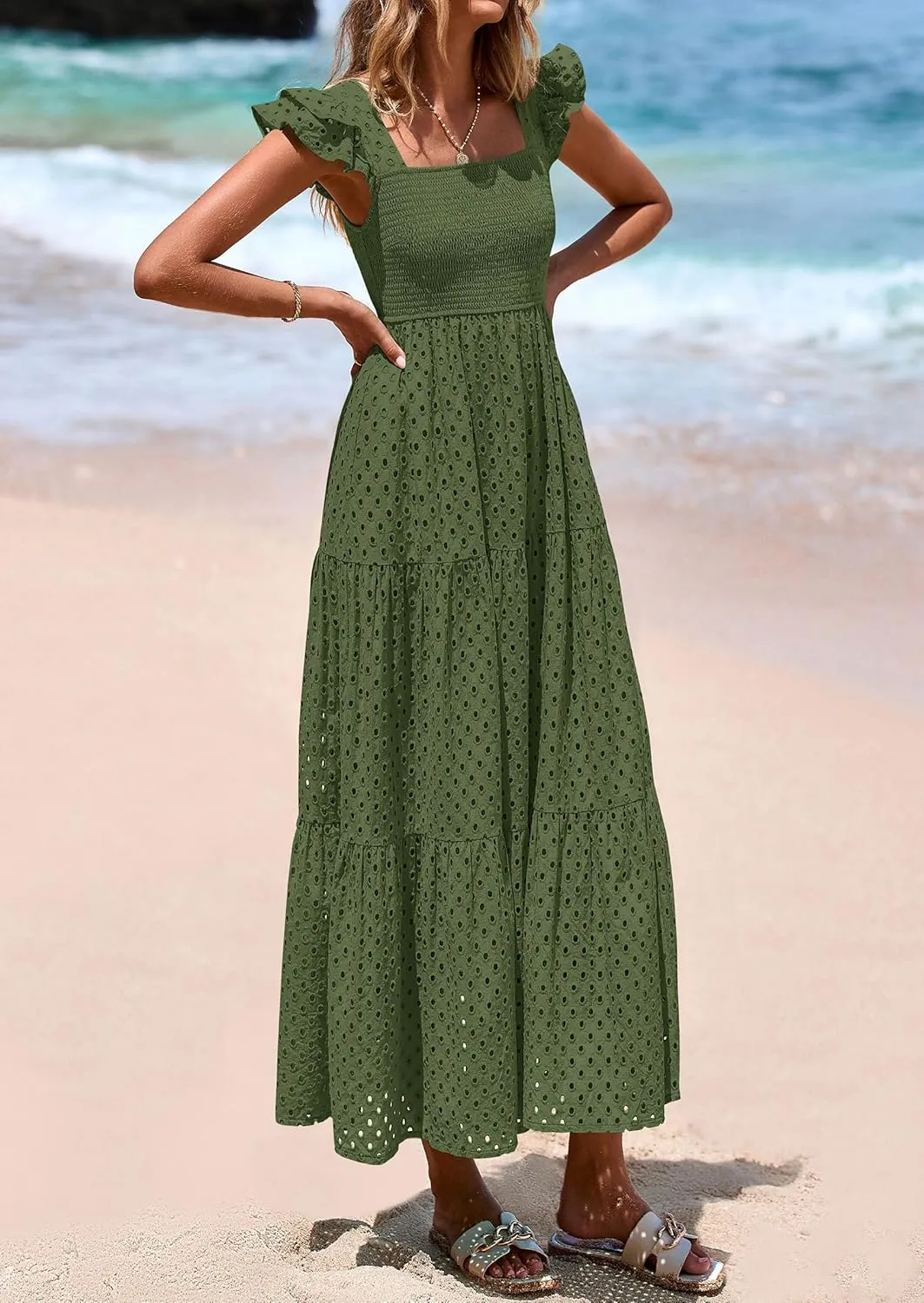 PRETTYGARDEN Womens Summer Square Neck Maxi Dresses Cap Sleeve Eyelet Smocked Tiered A Line Flowy Long Dress with Pockets