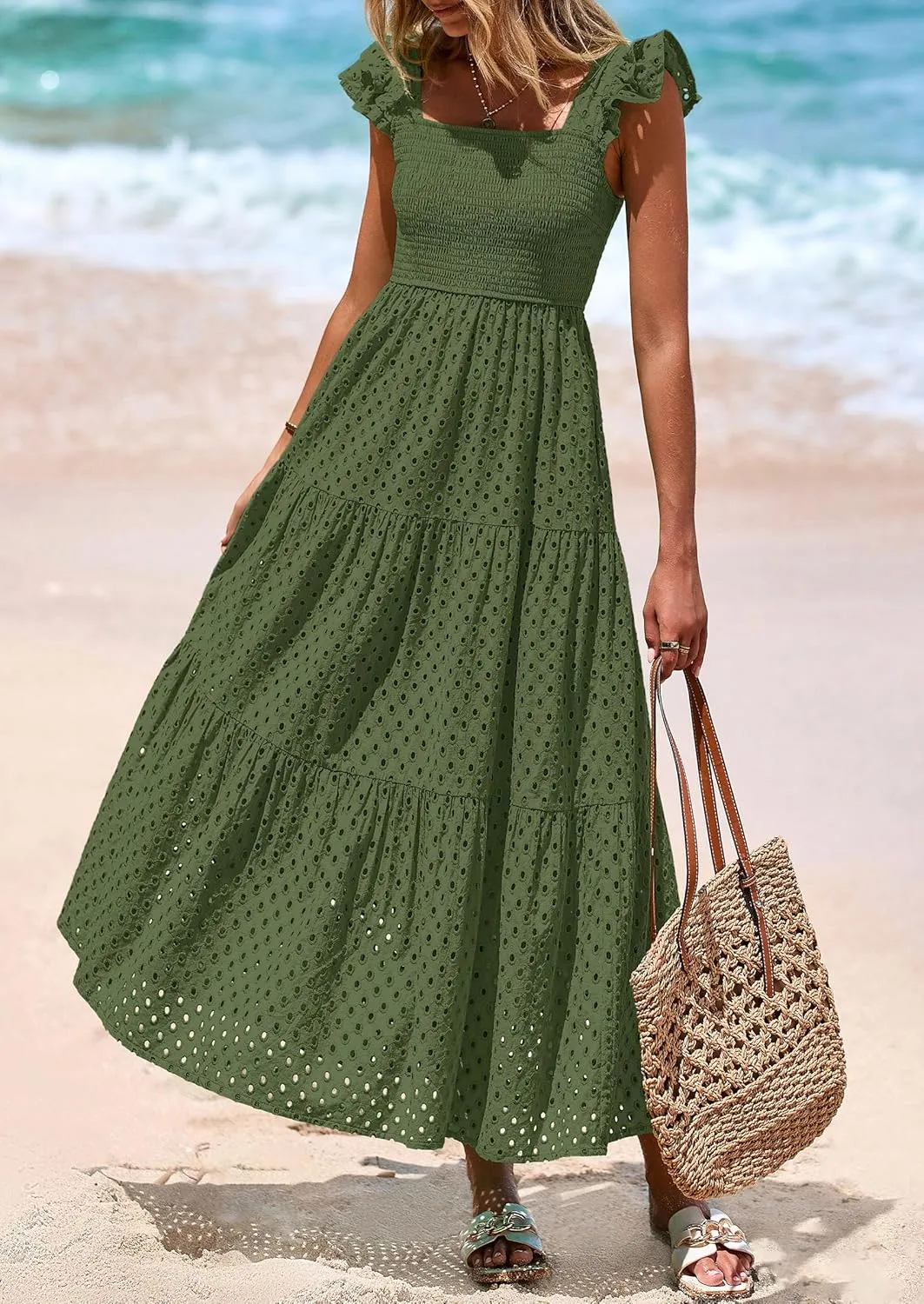 PRETTYGARDEN Womens Summer Square Neck Maxi Dresses Cap Sleeve Eyelet Smocked Tiered A Line Flowy Long Dress with Pockets
