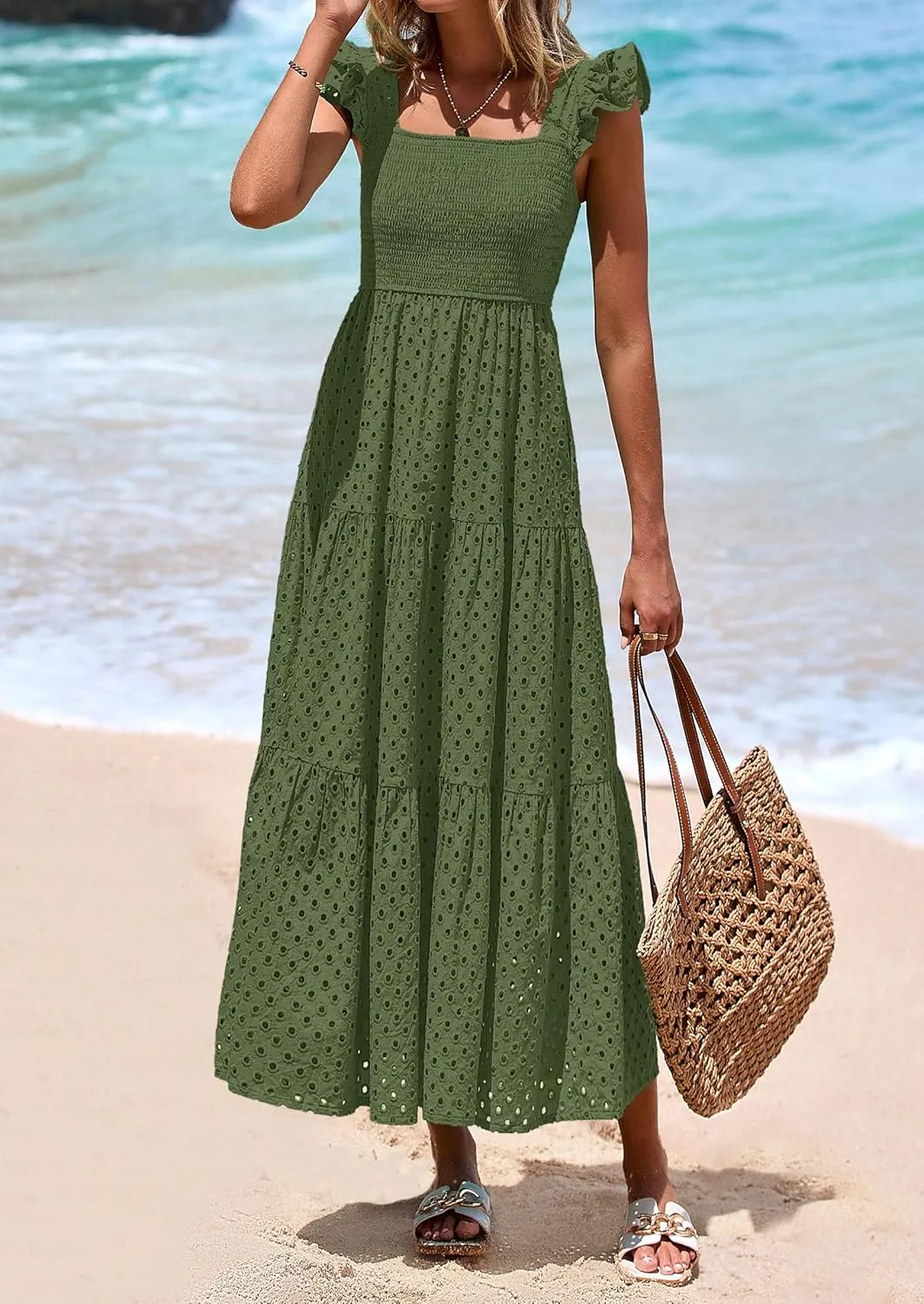 PRETTYGARDEN Womens Summer Square Neck Maxi Dresses Cap Sleeve Eyelet Smocked Tiered A Line Flowy Long Dress with Pockets