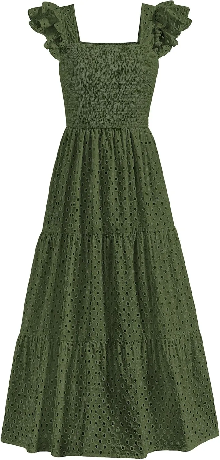 PRETTYGARDEN Womens Summer Square Neck Maxi Dresses Cap Sleeve Eyelet Smocked Tiered A Line Flowy Long Dress with Pockets